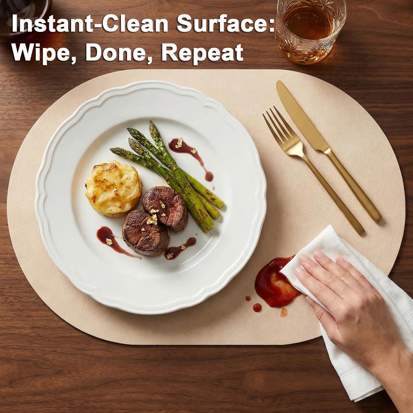 BIPASION Oval Placemats 2mm Ultra Thick Faux Leather Table Mats, Heat Resistant Waterproof Wipeable Dining Mats for Kitchen Table, Set of 12, Beige