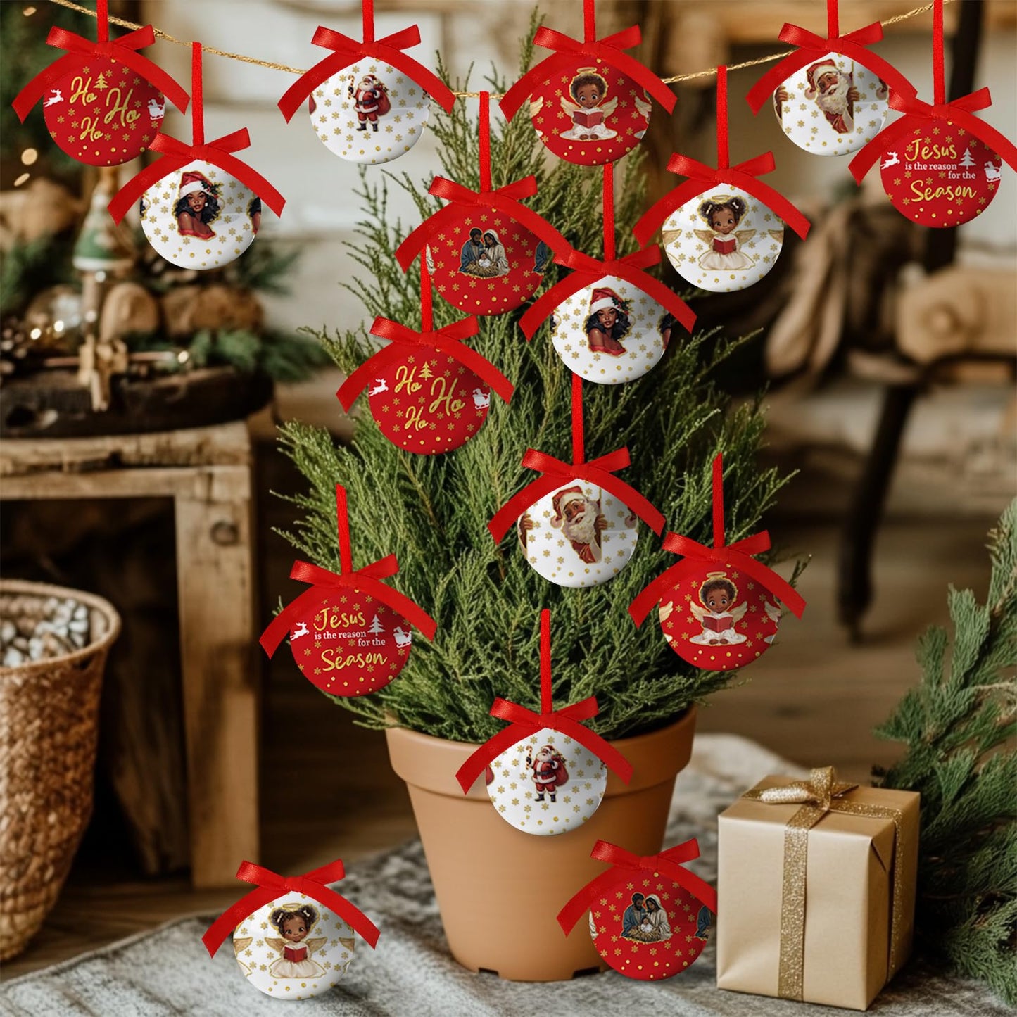 Black Santa Christmas Decorations - Black Santa Ornaments Hanging Balls African American Christmas Tree Decorations, Decoration Ball 2.36 Inch for Xmas Tree Party Home Holiday，Xmas Gifts Set of 16Pcs