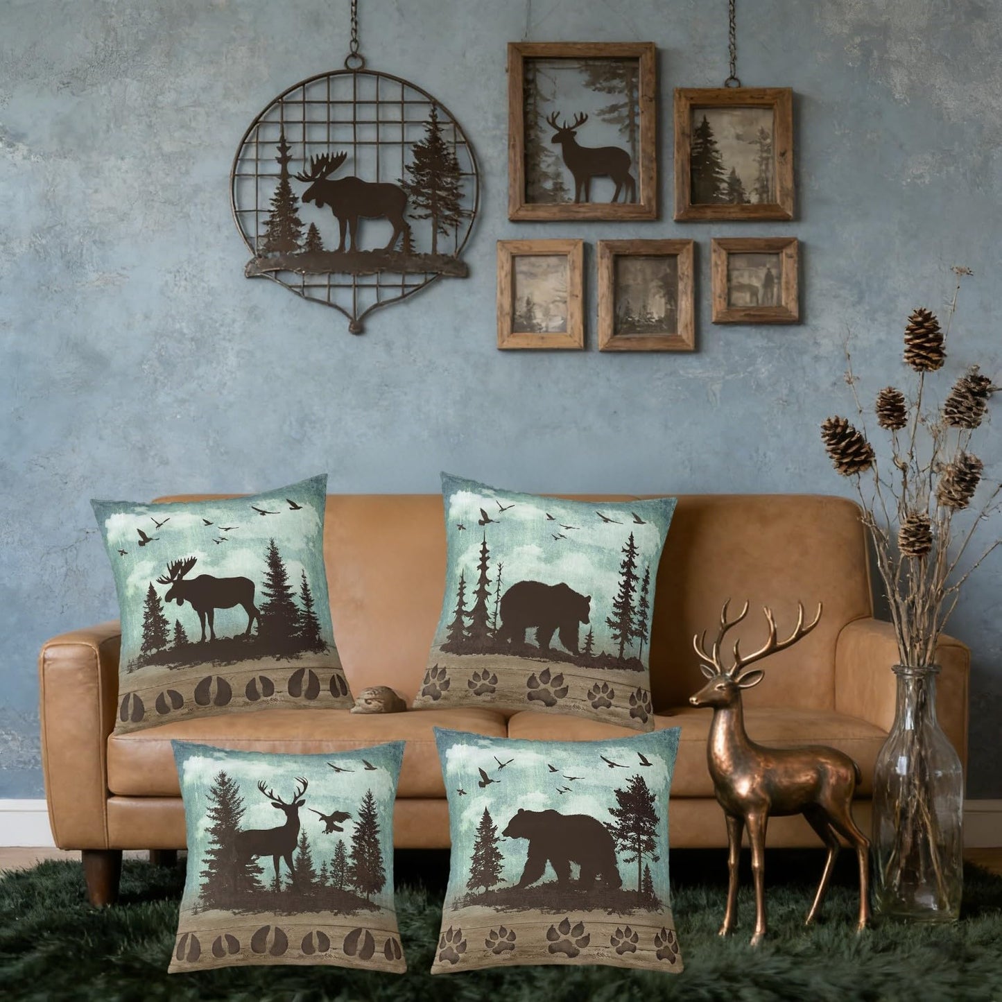 Erosebridal Set of 4 Rustic Hunting Throw Pillow Covers Farmhouse Throw Pillows Covers,Vintage Bear Cabin Deer 18 x 18 Pillow Insert Woodland Animals Accent Pillow Case (Inserts Not Included)