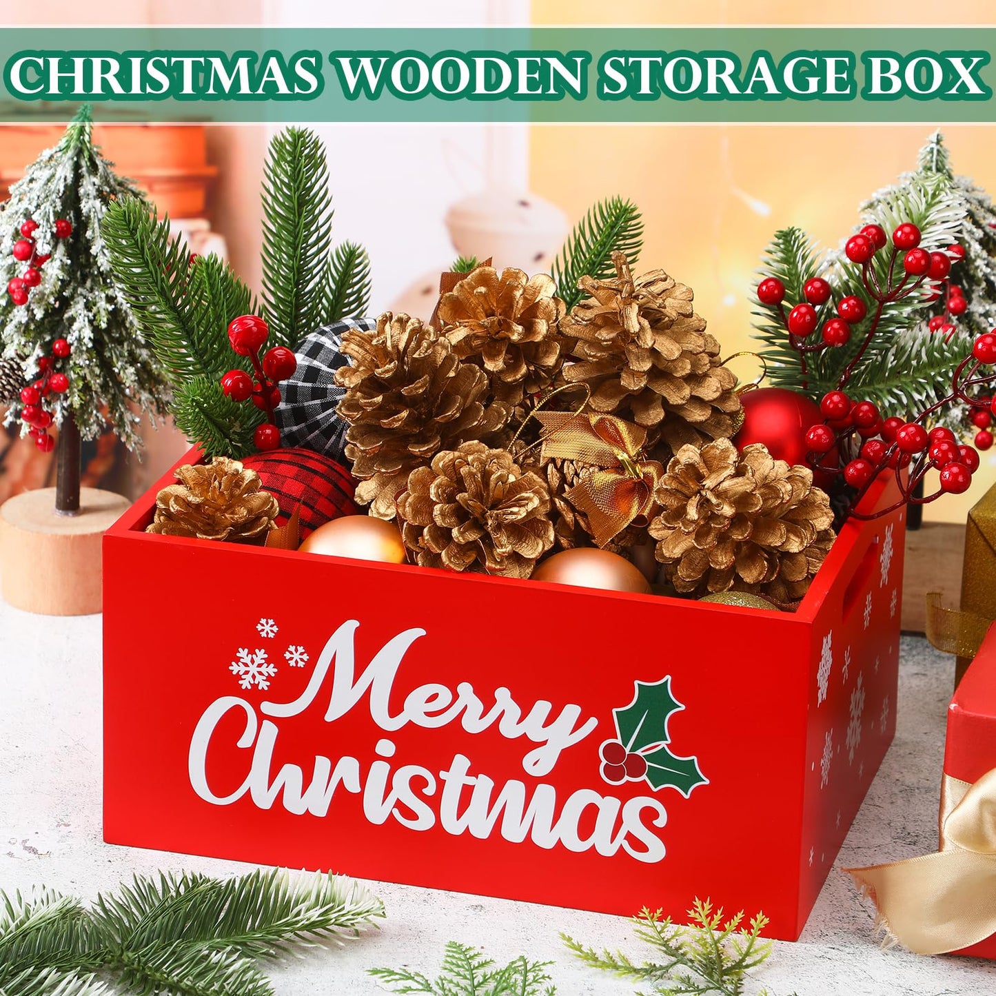 Namalu Christmas Hot Cocoa Bar Storage Box Wooden Crate with Handles Hot Cocoa Decorative Rustic Farmhouse Wood Basket Christmas Wood Storage Bins Organizer Bucket for Xmas Candy Dish Home(Red)