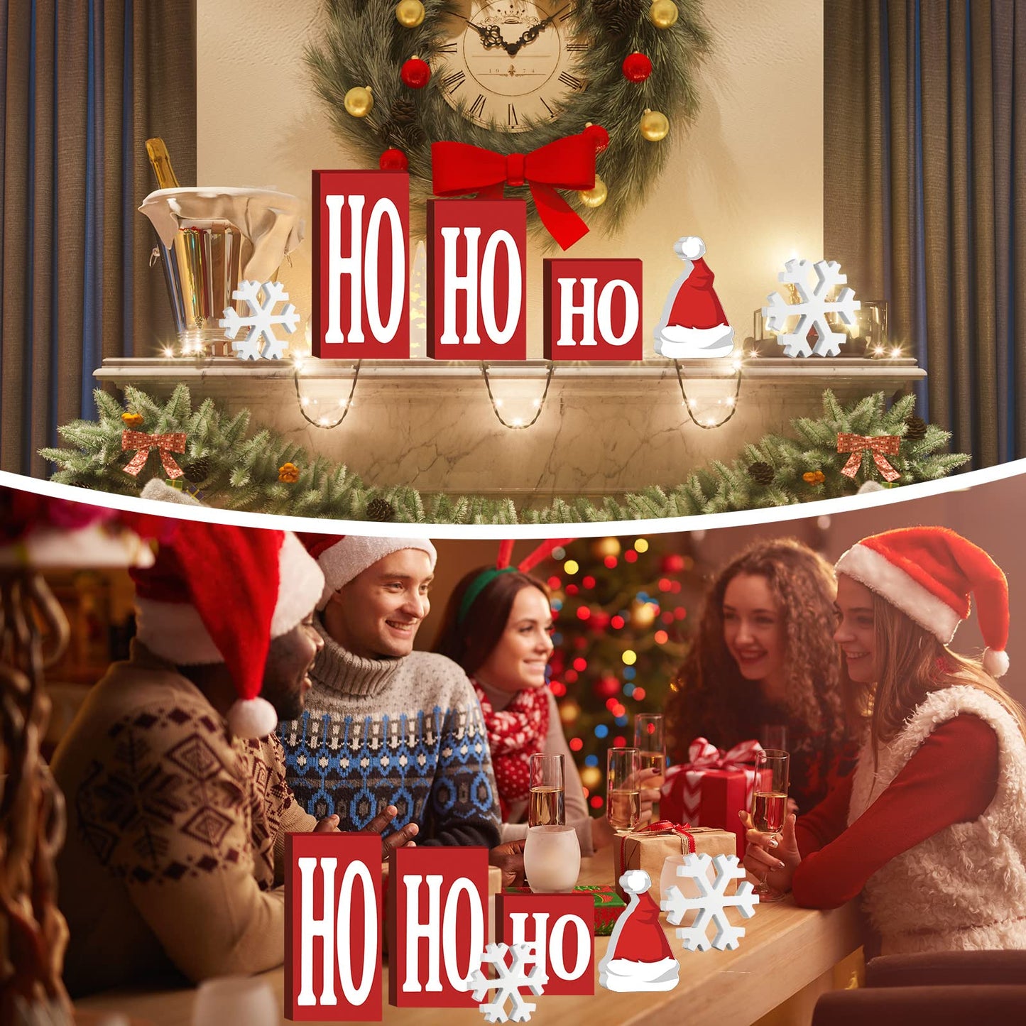 Qunclay 6 Pcs Christmas Wooden Decor Ho Ho Snowflake Table Decorations Sign Tiered Tray Decor Centerpiece Farmhouse Table Blocks for Home Party Mantle Shelf