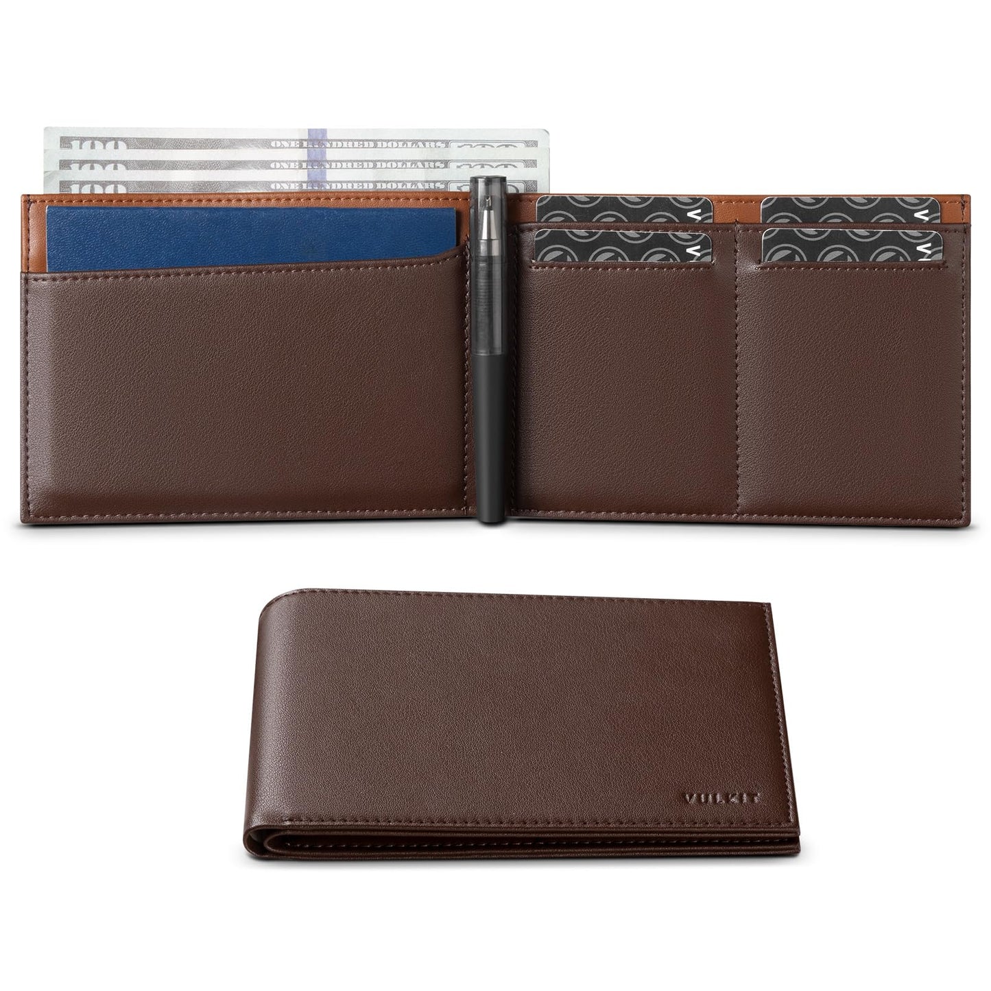 VULKIT Bilfold Passport Holder Leather RFID Blocking Passport Wallet with Hidden Pocket Slim Travel Documents Organizer for Men or Women (Passport, Card, Cash, Coin, SIM Card, Ticket)