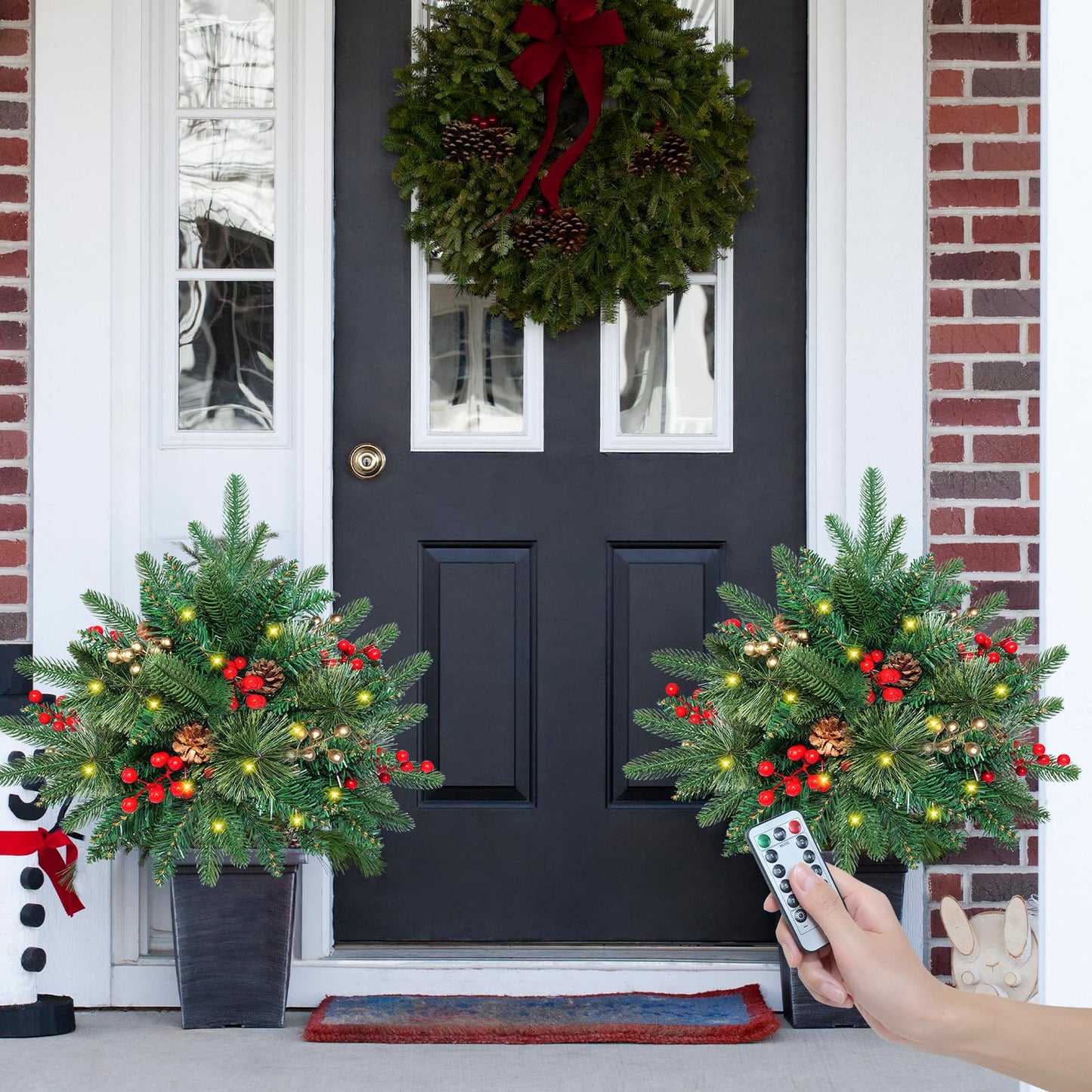 24 Inch Christmas Tree Urn Filler Set of 2, Lighted Xmas Trees with Pine Cones Berries, Christmas Outdoor Decorations for Home Porch Yard
