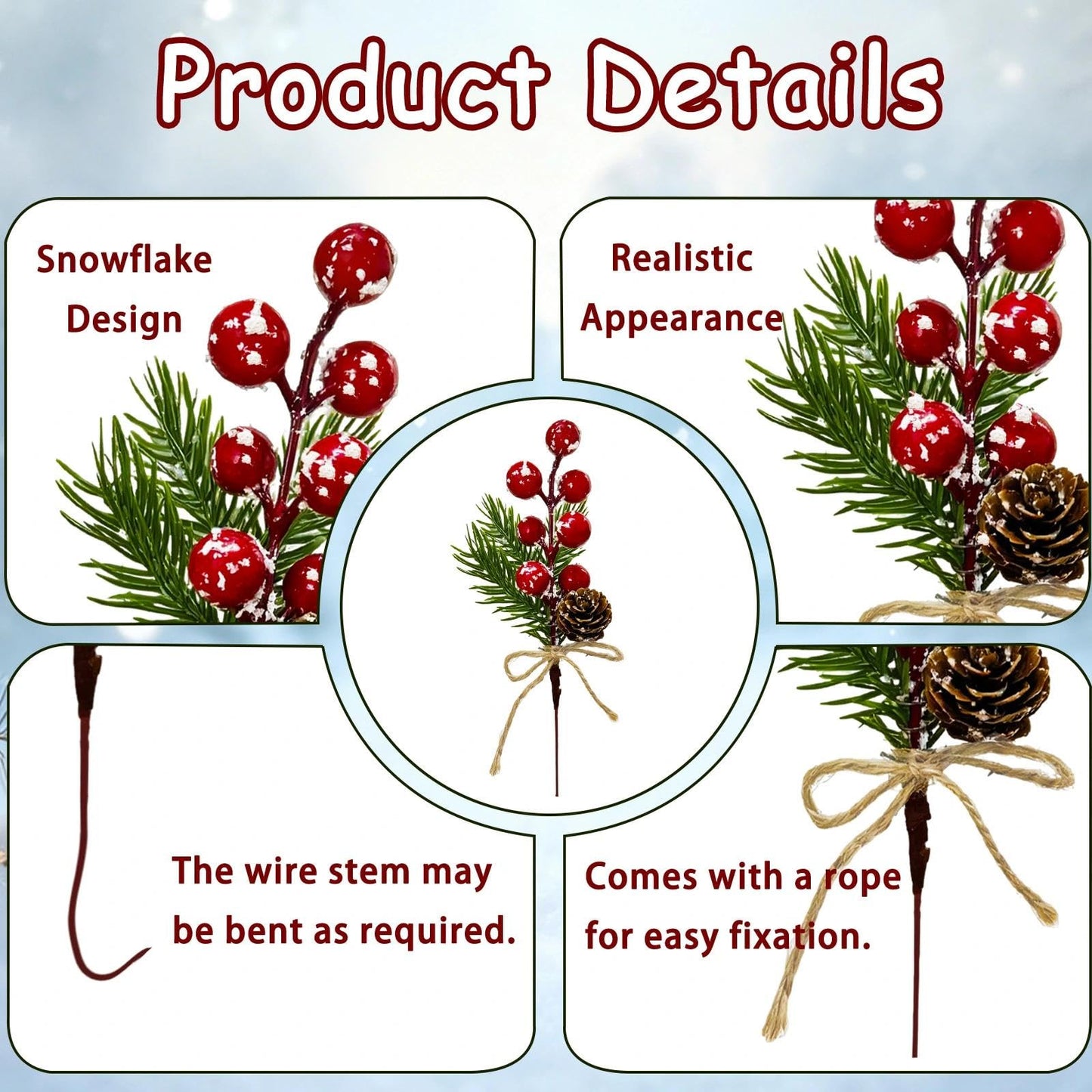 Tebiefat 20 Pcs Artificial Pine Cone Snowflake Red Berry Picks Stems, 7.1" Fake Frosted Holly Berries Needles Branches with Pinecones Christmas Sprays Floral Leaves Xmas Tree DIY Holiday Party Decor