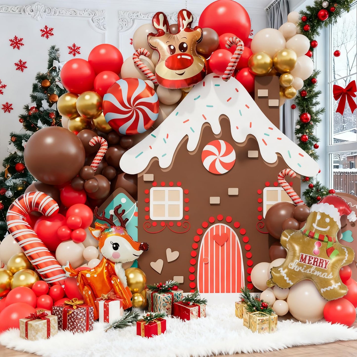 Bonropin 173pcs Christmas Balloon Garland Arch Kit Red Brown Sand White Gold Balloons with Gingerbread Moose Elk Deer Candy Cane Foil Balloon for Christmas Woodland Party Xmas Winter Party Decorations