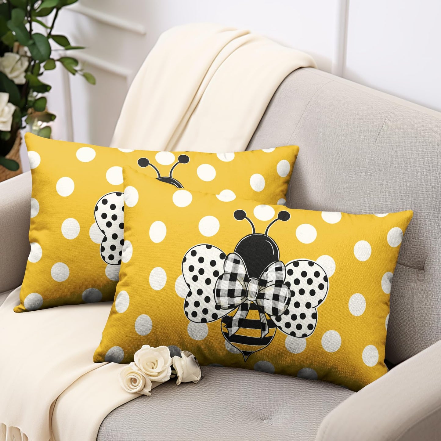 Wnoesat Lumbar Pillows Covers 12x20 Set of 2 Spring Summer Farmhouse Decorative Bumble Bee Polka Dots Throw Pillow Cover Yellow Honey Bee Rectangle Waist Cushion Case for Outdoor Couch Patio