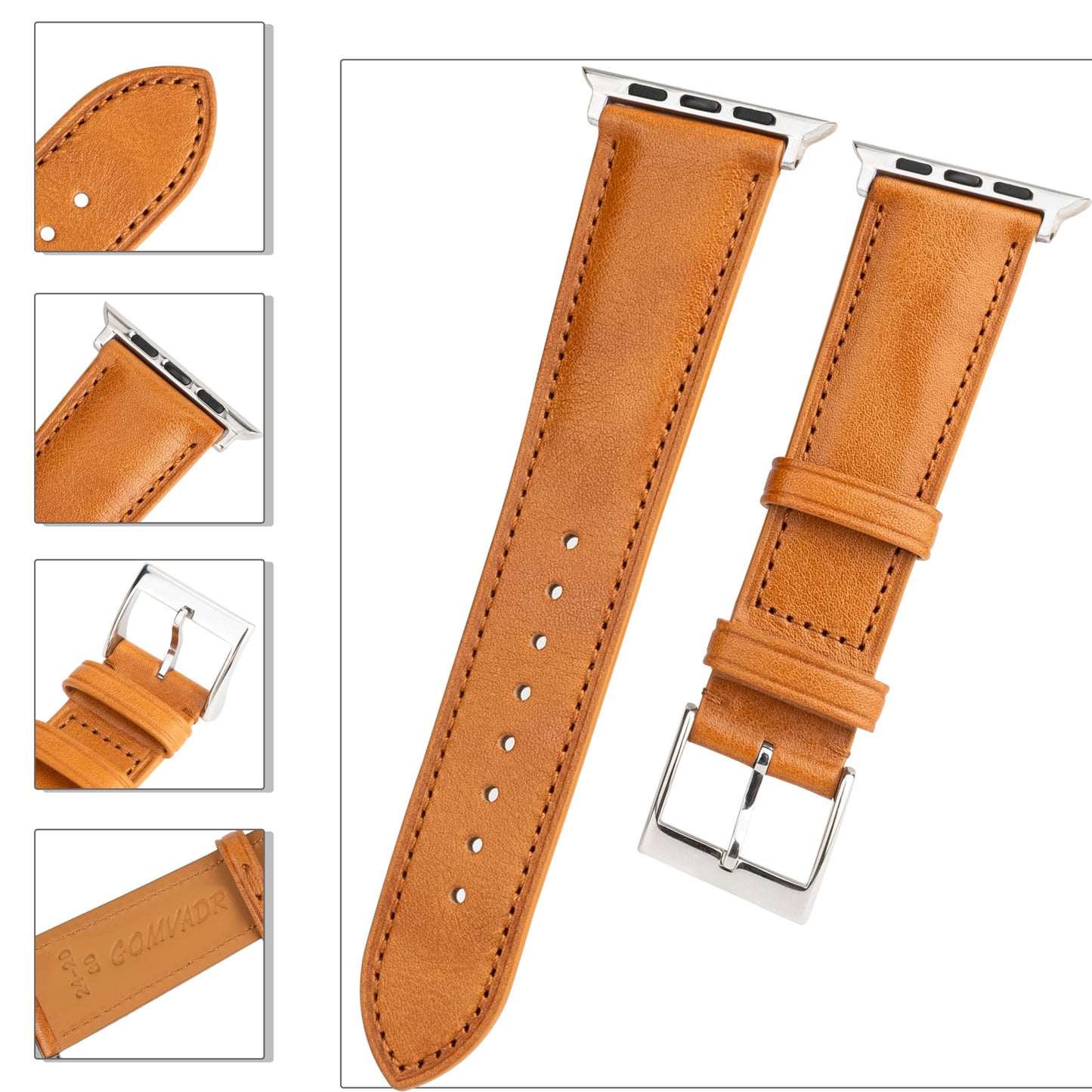Gomvadr Leather Bands Compatible with Mens Apple Watch Band 42mm 44mm 45mm, Replacement Band Leather Strap for Men's iWatch Series 9 8 7 6 5 4 3 2 1 SE3/2/1 (Yellow/Silver Buckle, 45mm/44mm/42mm)