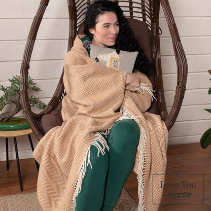 LYHome Merino Wool Blanket - Warm Throw for Cold Weather, Warmest Travel Outdoor Camping Blankets, Picnic Army and Military Throws, Comforter Soft & Cozy (55" x 79" Beige with White Chevron)