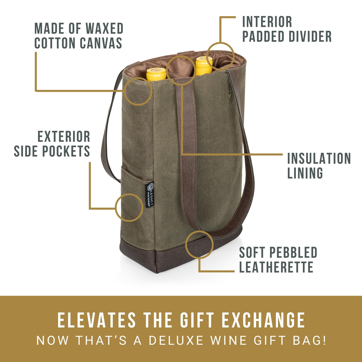 Legacy - a Picnic Time Brand, 2-Bottle Insulated Wine Bag, Distressed Waxed Canvas Wine Tote Bag, Wine Gift Bag