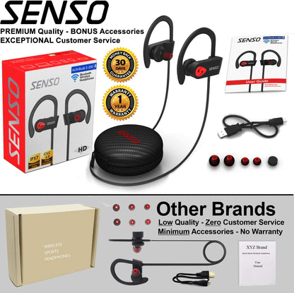 SENSO Bluetooth Headphones, Best Wireless Sports Earbuds w/Mic IPX7 Waterproof HD Stereo Sweatproof Earphones for Gym Running Workout Noise Cancelling Earphones Earbuds Noise Cancelling Headsets