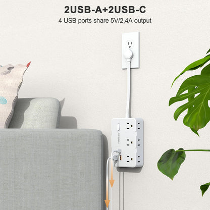 Flat Plug Power Strip Surge Protector, 5ft Ultra Thin Extension Cord with 4 USB Wall Charger(2 USB C Port), 6 Widely-Spaced Outlets Power Strip Compact for Travel, Office, Dorm Room Essentials (White)