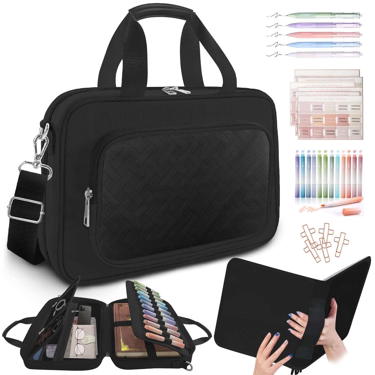 Large Bible Cover Case for Boys Mens, Book Carrying Case with Highlighters Tabs Pens, Bible Bag for Men Organizer, Bible Holder Bible Study Supplies Journaling Kit, Christian Gifts Black
