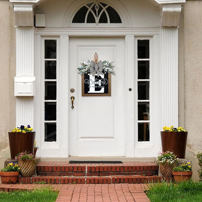 Ultra Large 14'' Last Name All Year Round Front Door Wreath with 26 Initial Letter Welcome Sign All Seasons Eucalyptus Garland and Bow Wreaths for Front Door Porch Farmhouse Decoration (E)