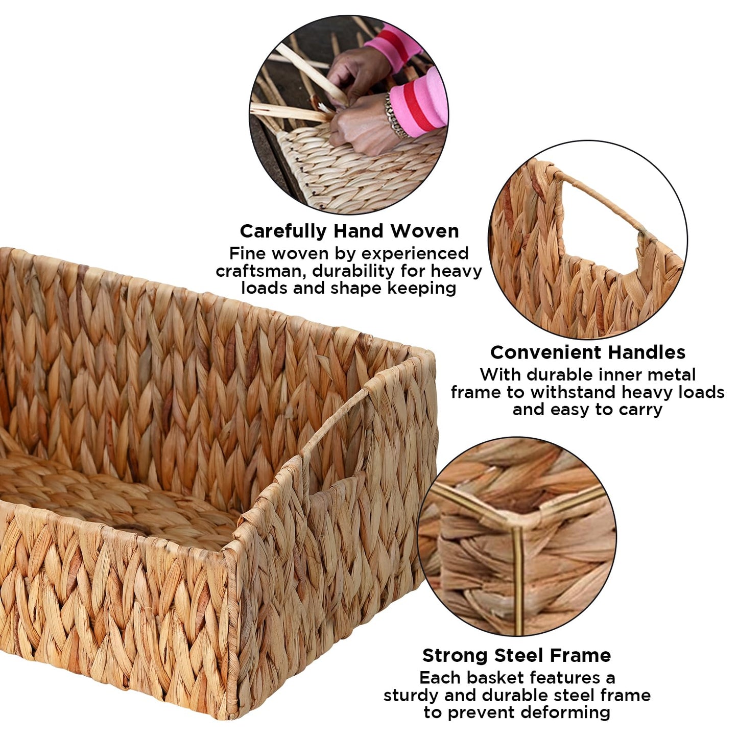 Ollieroo Rattan Storage Baskets, Handwoven Wicker Storage Bins with Built-in Handles, Storage Container Baskets for Shelves, Bedroom, Bathroom, Laundry Room or Kitchen(Natural)
