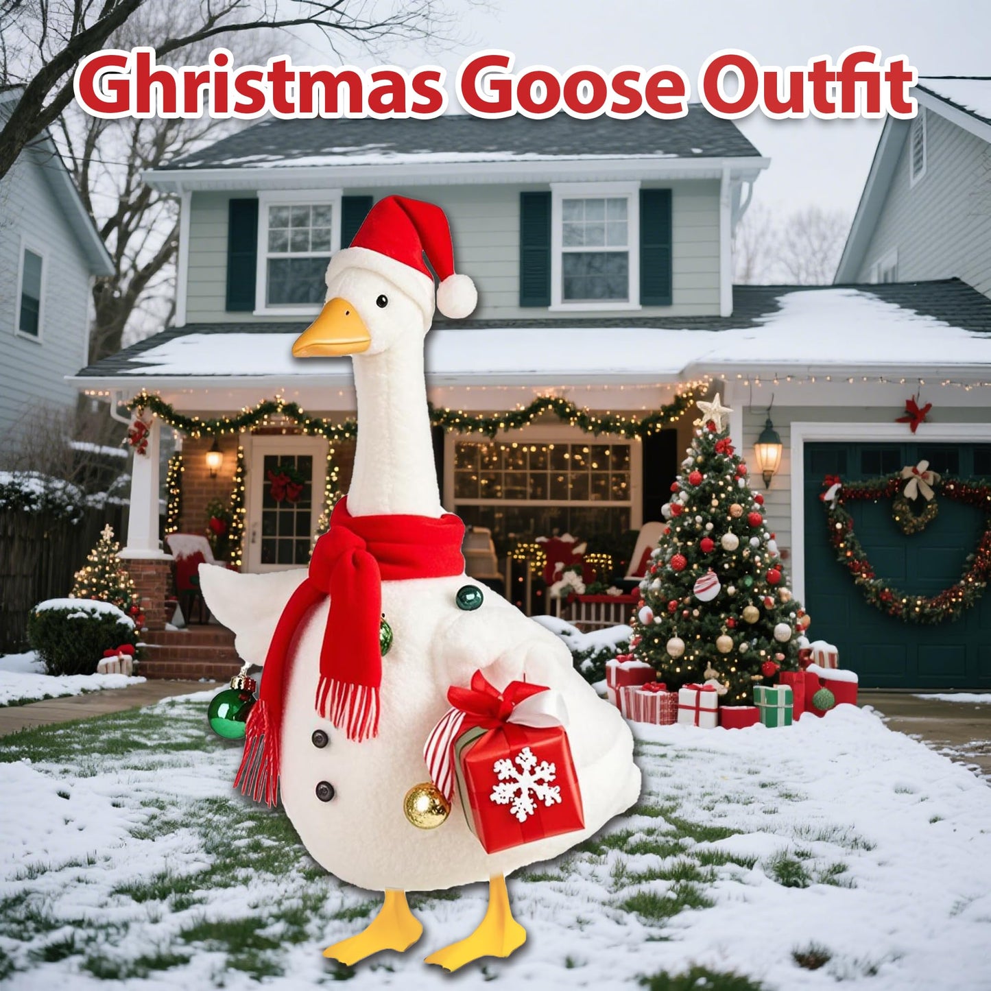 Lodaxu Christmas Snowman Porch Goose Outfits for Large 23" High Cement or Plastic Goose Statue, Yard Goose Cloths with Christmas Hat and Snowflake Gift Box Decor for Outdoor Lawn Gaden Patio