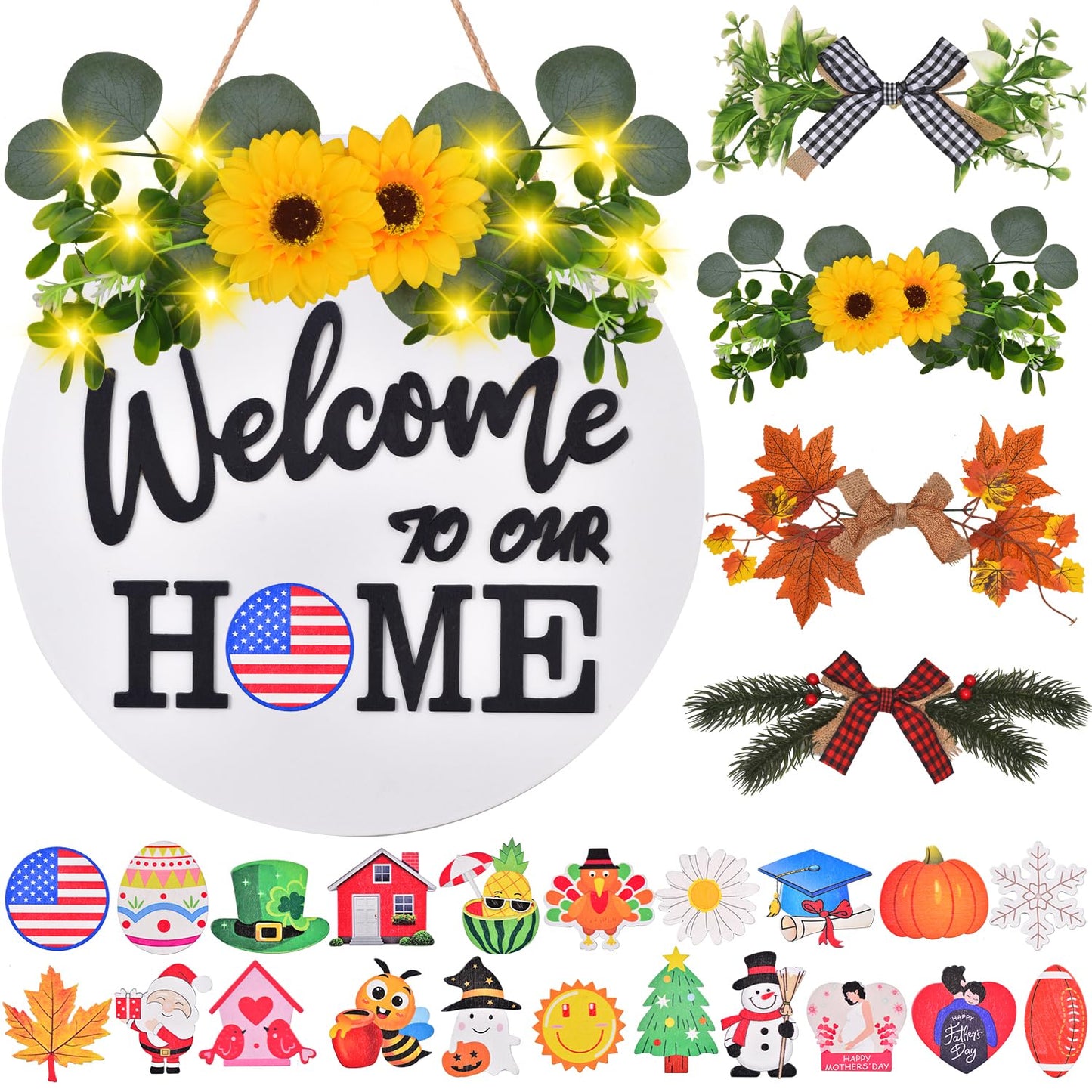 Interchangeable Welcome Home Sign, Front Door Decor With 4 Seasonal Wreaths and 21 Changeable Icons, Rustic Wood Wall Porch Hanger for Holiday Halloween Christmas Housewarming Gift (White)