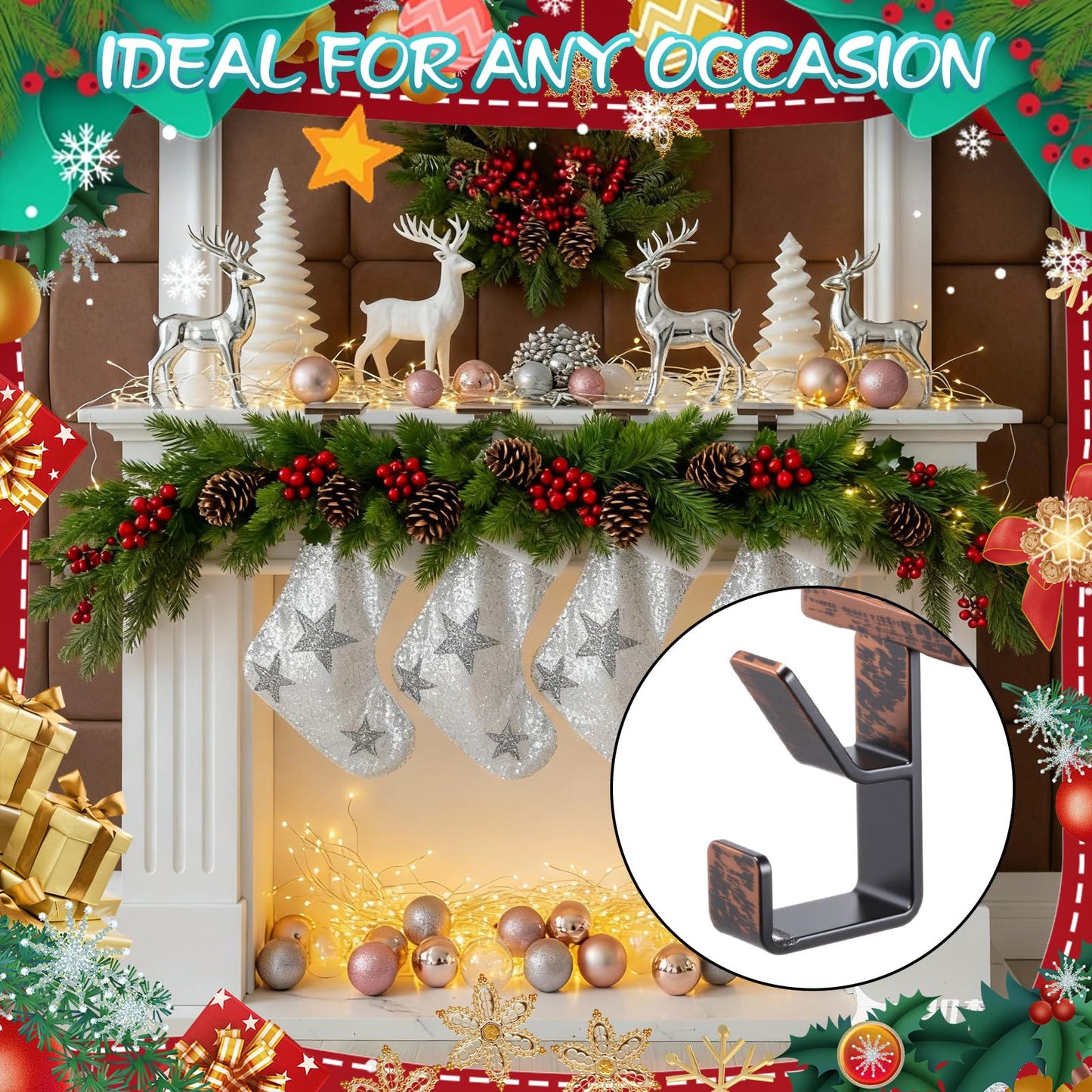 Chunful 2 Pcs 2 in 1 Fireplace Garland and Stocking Hangers Christmas Stocking Holder for Mantel Heavy Duty Metal Stocking Hanger Base for Fireplace Holiday Xmas Party Decor (Bronze)