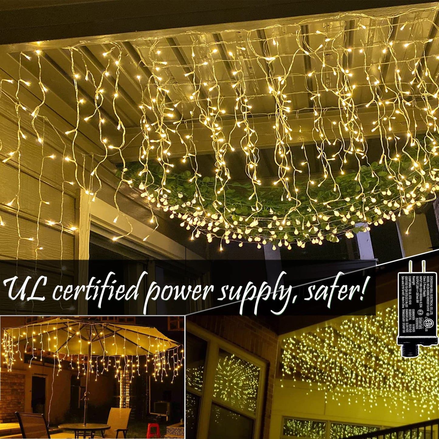 BLOFUN LED Lamps Outdoor Icicle Lights, 32.8 ft 400 LED - 8 Modes Curtain String Lights for Indoor/Outdoor, Wedding, Party, Holiday