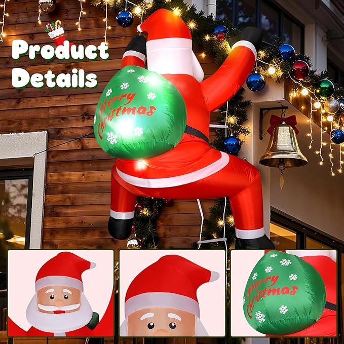 6FT Christmas Inflatable Outdoor Decorations Hanging Santa Built-in Bright LEDs, Blow Up Climbing Santa Claus with Gifts Bag, Giant Christmas Decor for Window Wall Outdoor Xmas Holiday Party Lawn