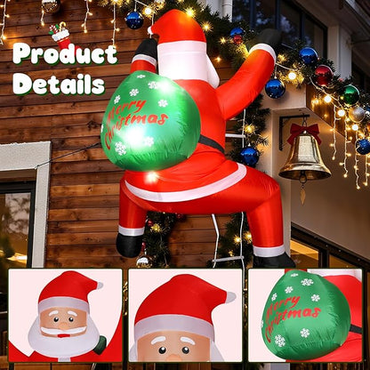 6FT Christmas Inflatable Outdoor Decorations Hanging Santa Built-in Bright LEDs, Blow Up Climbing Santa Claus with Gifts Bag, Giant Christmas Decor for Window Wall Outdoor Xmas Holiday Party Lawn