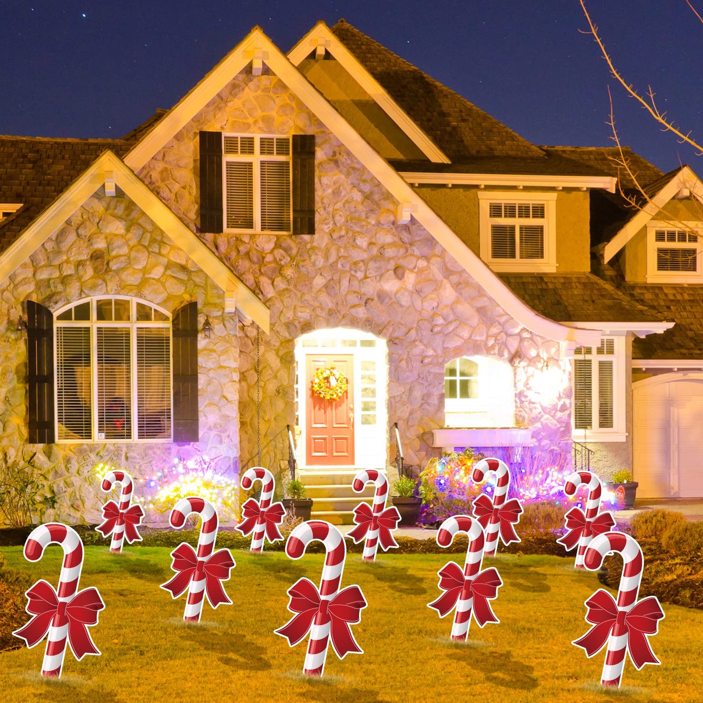 Whaline 10Pcs Christmas Yard Sign with 20Pcs Stakes Large Candy Cane Lawn Waterproof White Red Stripe with Bow Outdoor Sign for Xmas Pathway Walkway Patio Garden Decoration