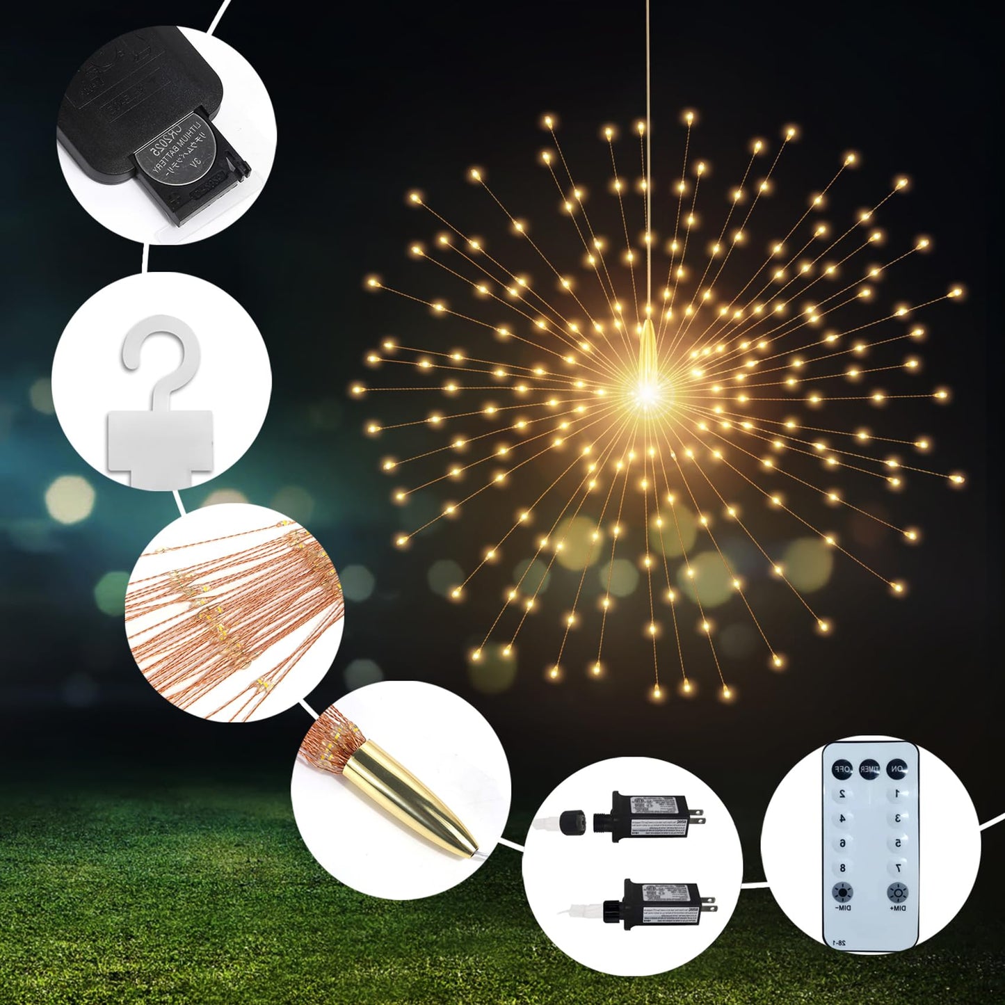 SHUKAN 5 Pcs 1000 LED Plug-in Starburst Sphere Lights, Firework Light 8 Modes Dimmable Remote Control Waterproof Hanging Fairy Light, Copper Wire Lights for Patio Party Tent Christmas (Warm White)