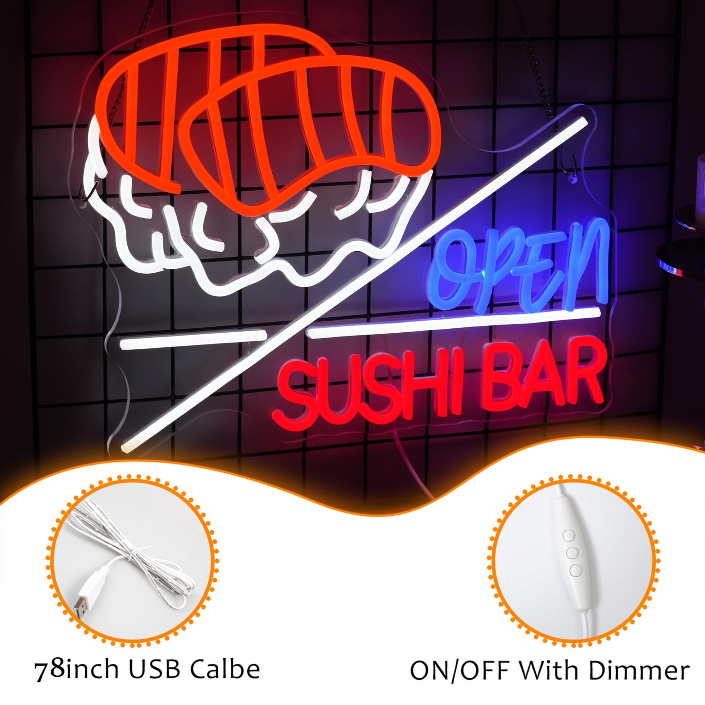 LISIGNVE Sushi Bar Open Neon Sign Led Open Sign for Wall Decor Sushi Bar Neon Light for Japanese Restaurant Shop Snack Food Street (16.5 * 12.6 Inch)