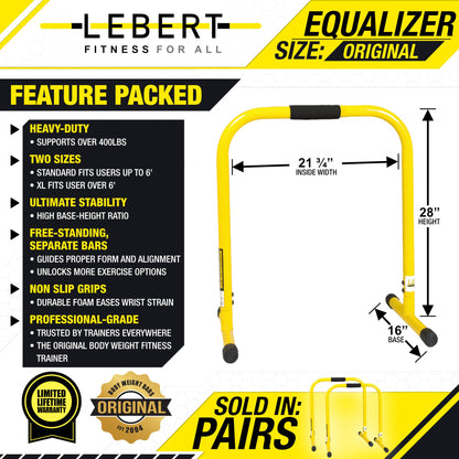 Lebert Fitness Dip Bar Stand - Original EQualizer Total Body Strengthener Pull Up Bar Home Gym Exercise Equipment Dipping Station - Hip Resistance Band, Workout Guide and Online Group - Yellow