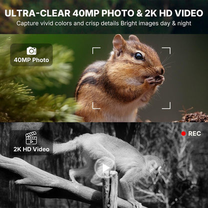 WOSODA Rechargeable Trail Camera (Non-Cellular, Non-WiFi),40MP 2K Game Cam with 2200mAh Lithium Battery,0.2s Trigger Night Vision Motion Activated,IP66 Waterproof 120° Wide Lens Wildlife Camera