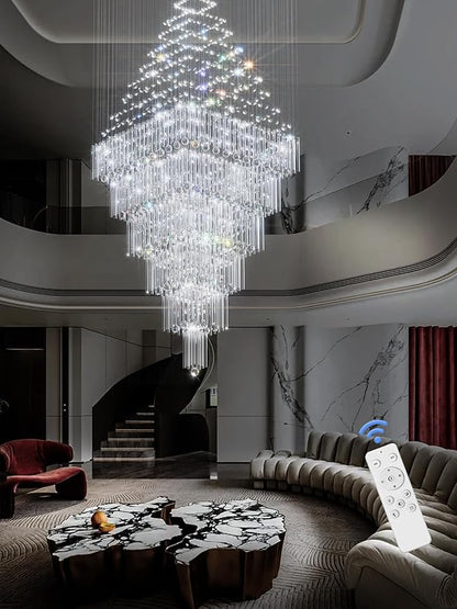 Flashing God D48''X H120'' Extra Large Chandeliers for High Ceilings Black Square Chandeliers Crystal Raindrop Chandelier for Villa Entrance Foyer LED Dimmable 2700K-6000K
