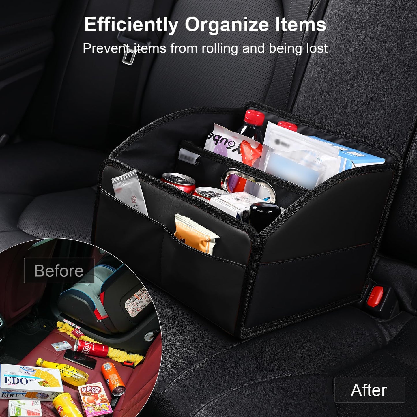 Uplien Car Storage Organizer [2025 UPDATED] Leather Car Caddy Basket for Front Seat Floor Back Seats Metal Handle 6 Compartments Adjustable Strap Buckles Slip-Resistant (Black)