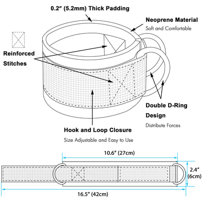Techion 1 Pair of Fitness Ankle Straps for Cable Machine - Double D-Ring, Adjustable Comfort fit Neoprene - for Men and Women - Black