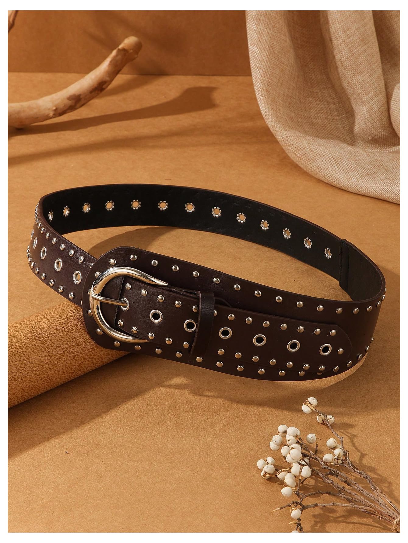 Verdusa Women's Studded Belts Y2k Belt Punk PU Leather Vintage Rave Western Cowgirl Belts Coffee One Size