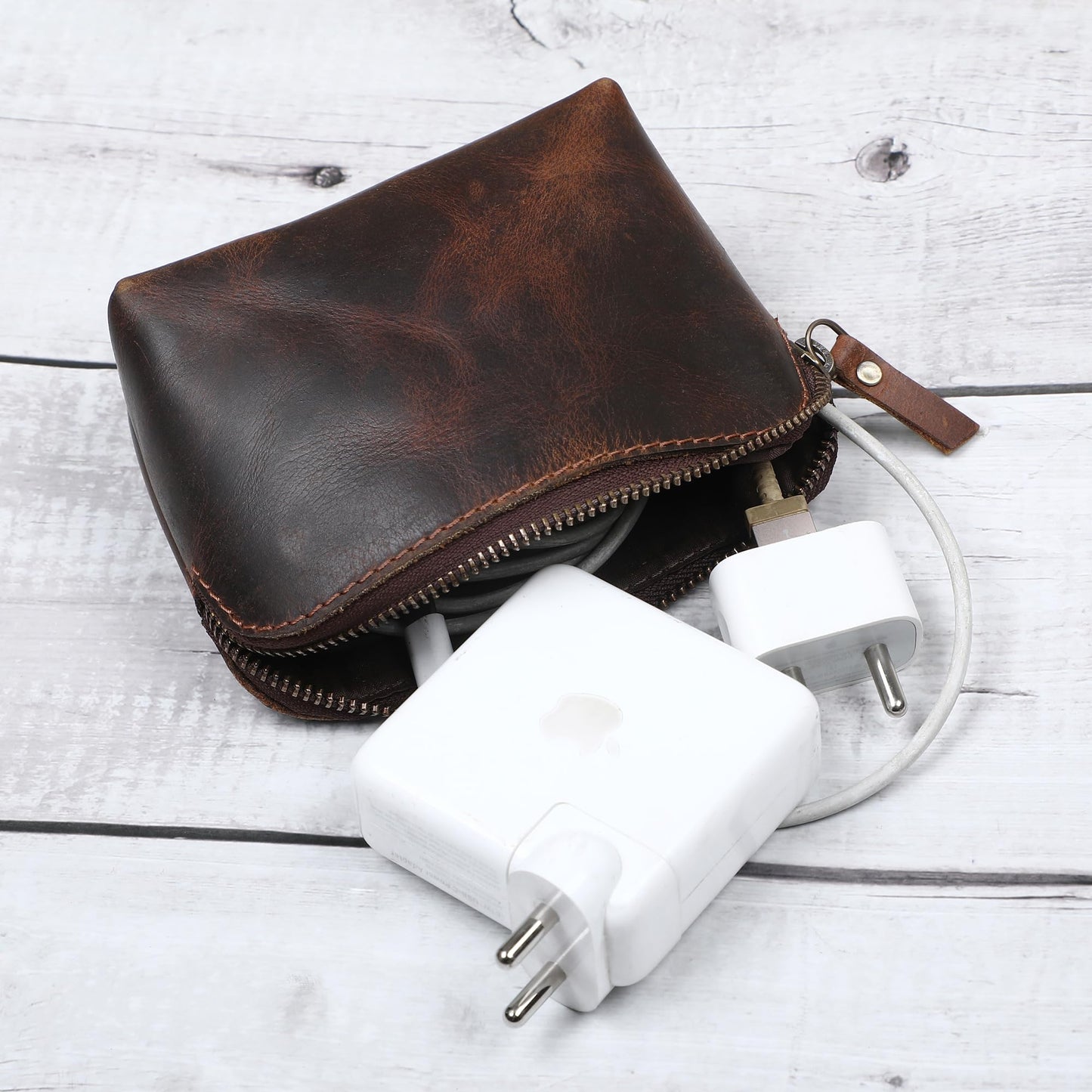 TheAntiq Full Grain Leather Cosmetic Bag – Zippered Makeup Pouch for Women, Small Travel Toiletry & Organizer Pouch for Purse, Premium Handmade Leather (5 × 4 × 2.5 in)