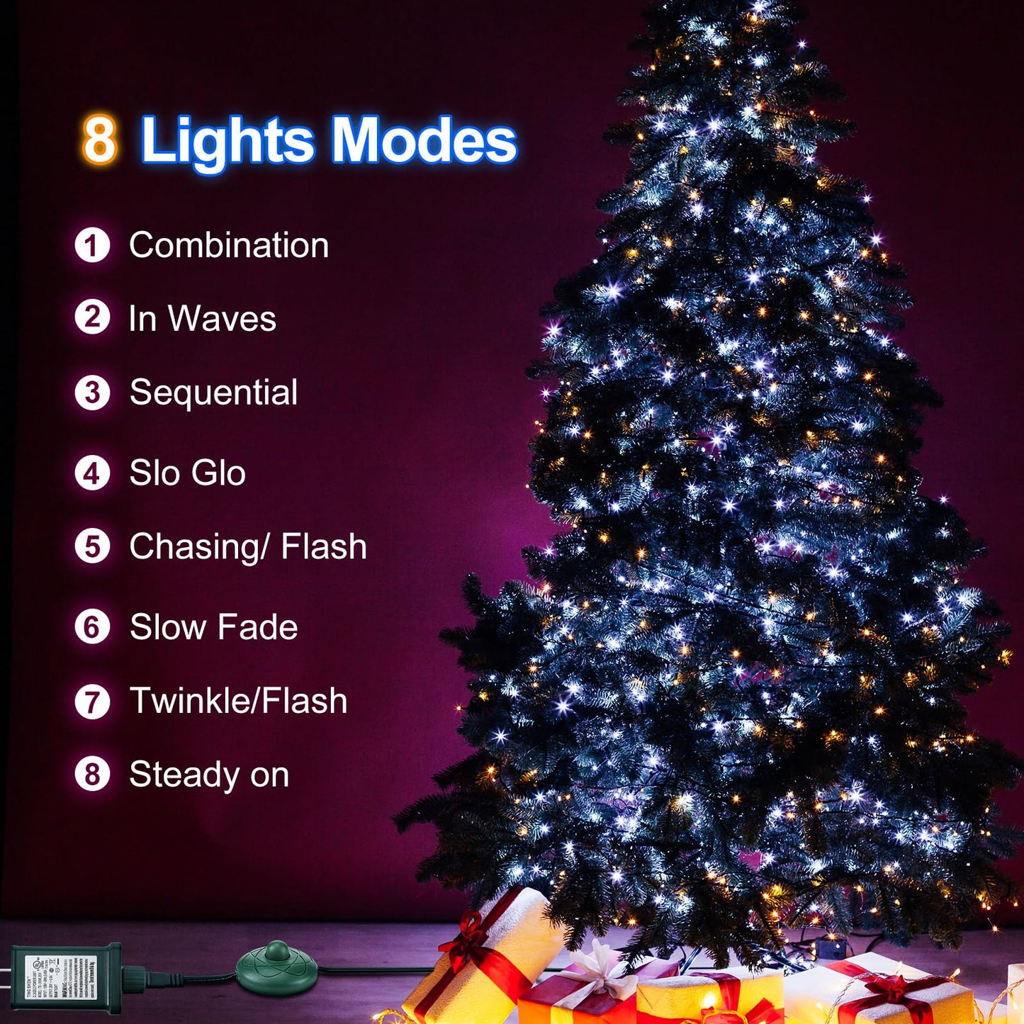 Flutesan 6 ft Power Cord LED Transformer 8 Light Modes for Christmas Light Raintight Foot Switch 5/8 Inch Plug Compatible Replacement Holiday Connector for LED String Holiday