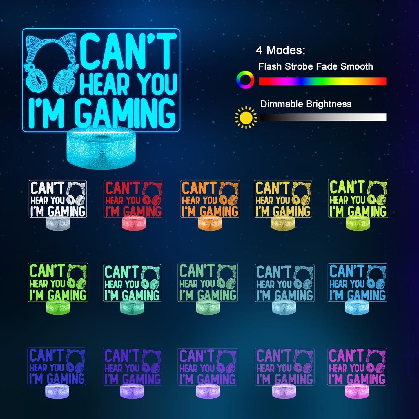 YuanDian Can't Hear You I'm Gaming Night Light, Headset Graphic Video Games Gamer Gift Funny 3D Illusion Lamp 16 Colors Changing Touch & Remote Control for Women Gamers Teenagers and Girls