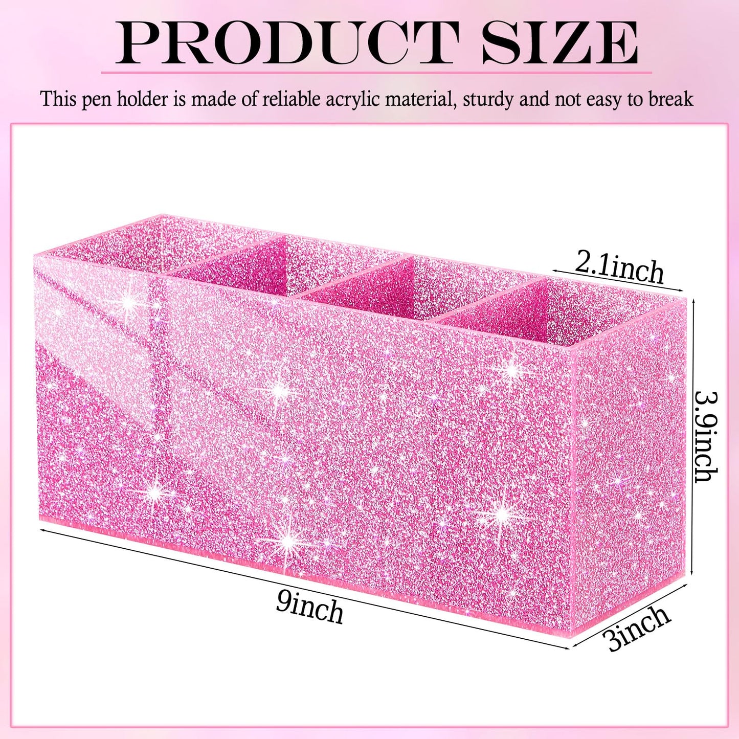 Jetec Acrylic Glitter Pen Holder 4 Compartments Bling Makeup Brush Stationery Organizer Pencil Holder for Desk Accessories Sparkly Gifts for Women Birthday Valentines Desktop Workplace Office(Pink)