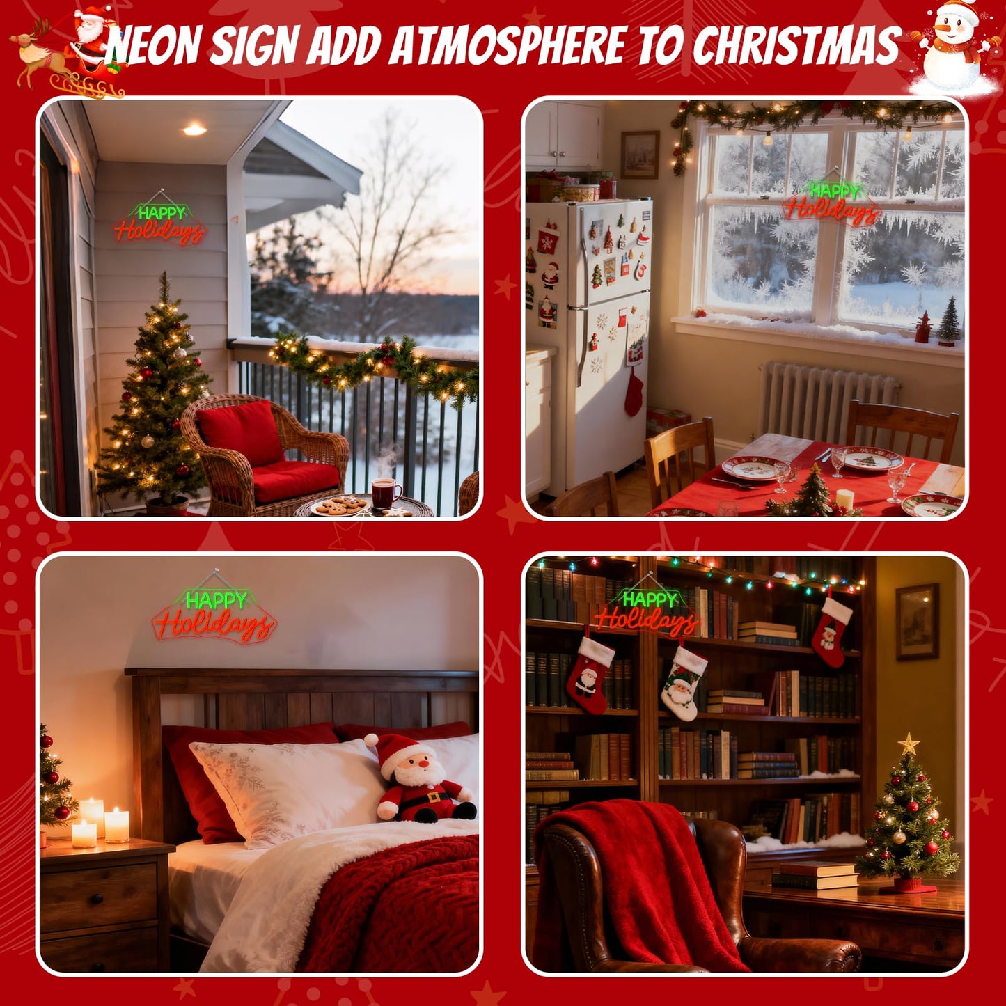 Horseneon Red Happy Holidays Neon Sign Merry Christmas Neon Signs for Wall Decor Christmas Tree Neon Light LED Sign with USB Powered for Party, Windows, Home Decor, Bedroom, Living room Warm