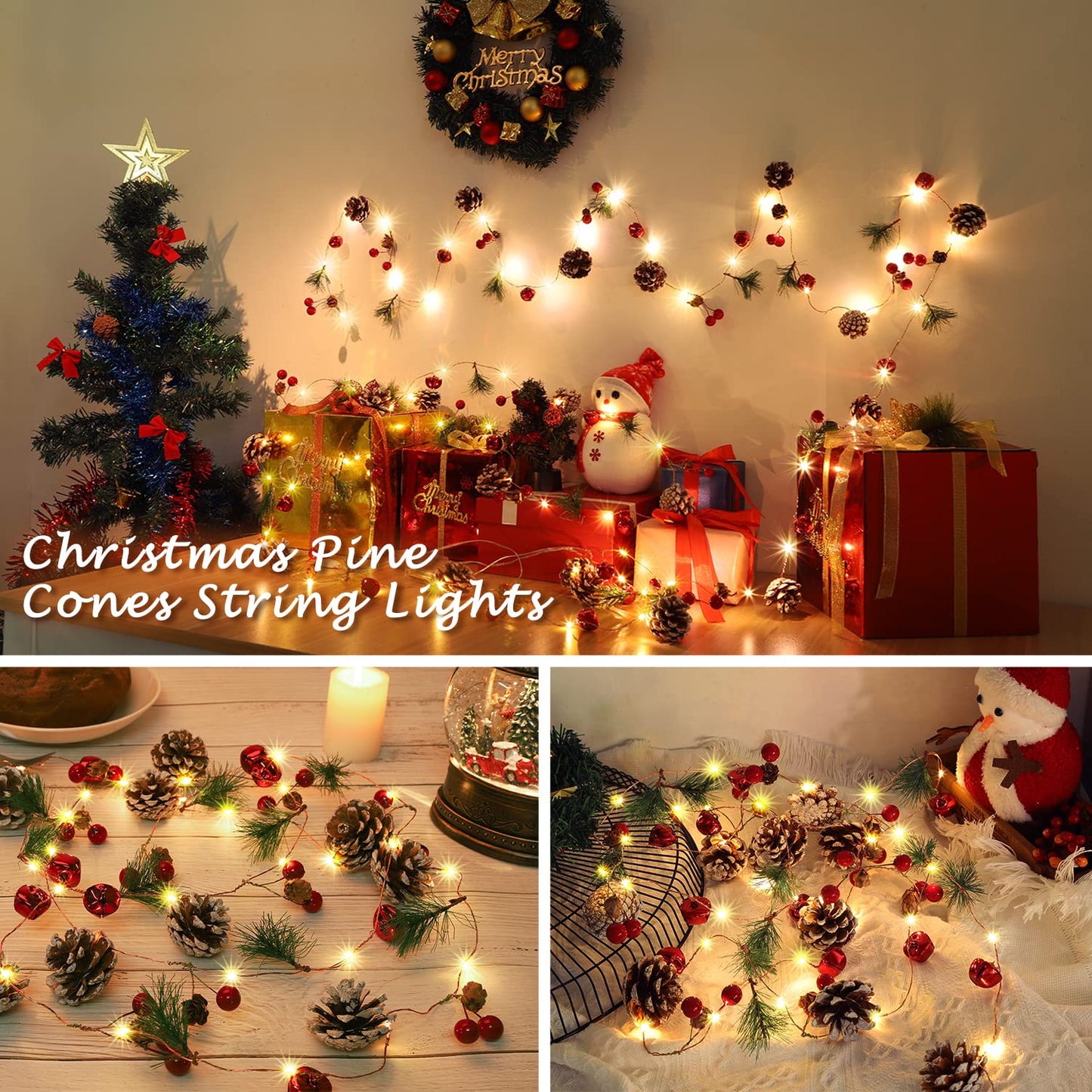 Christmas Garland with String Lights 10 Ft 30 LED Pine Cone Red Berry Bells Garland Lights, Indoor Christmas Decorations for Home and Fireplace Mantel Decor (Yellow)