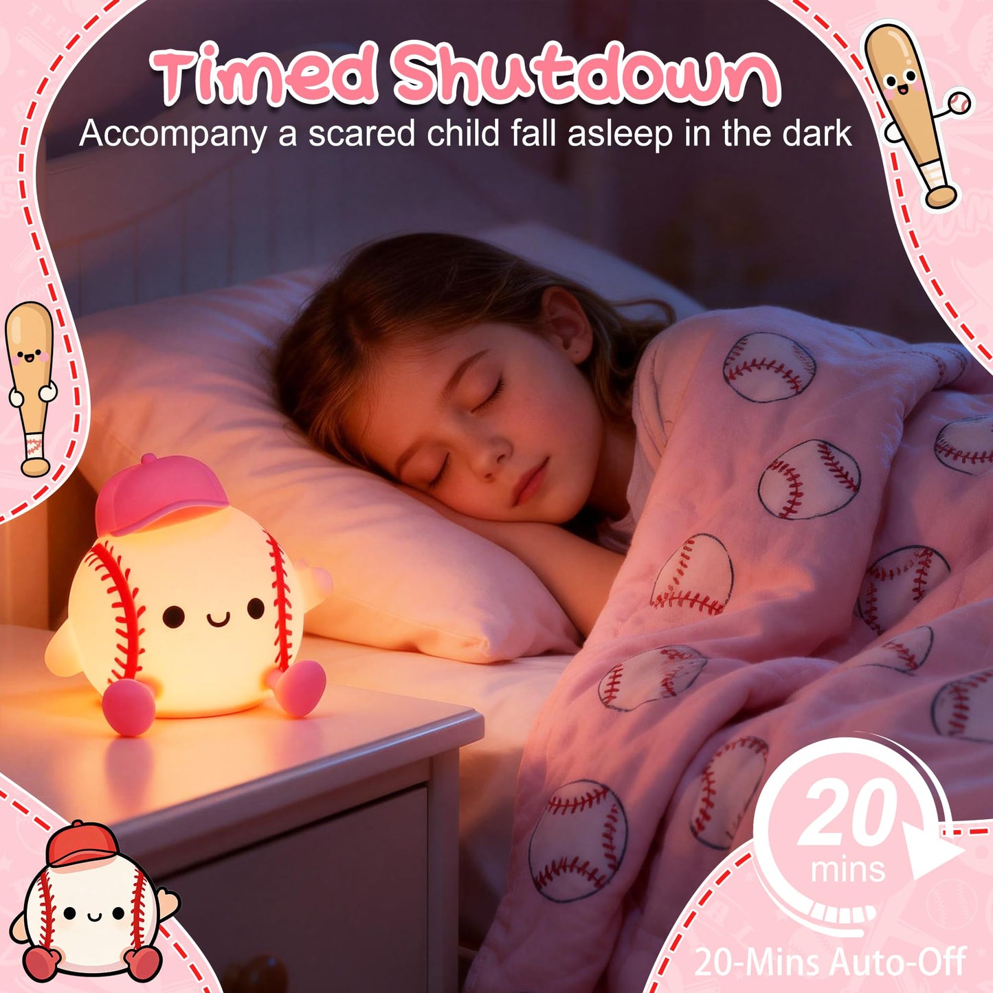 Softball Night Light, Gift for Girls Softball Players, Silicone Rechargeable Nursery Dimmable Baseball Lamp, Soft Touch Sports Themed Nightlight, Cute Room Decor Birthday Gift for Kid Teen Athlete