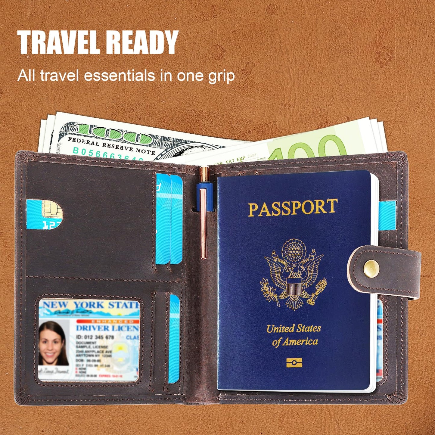 Retroreo Vitus Full Grain Leather Passport Wallet, Travel Document Organizer with RFID Blocking, Dual Passport Slots, Dual Cash Pockets, Multiple Card Holders, a 60-Page Travel Notebook & Pen Included
