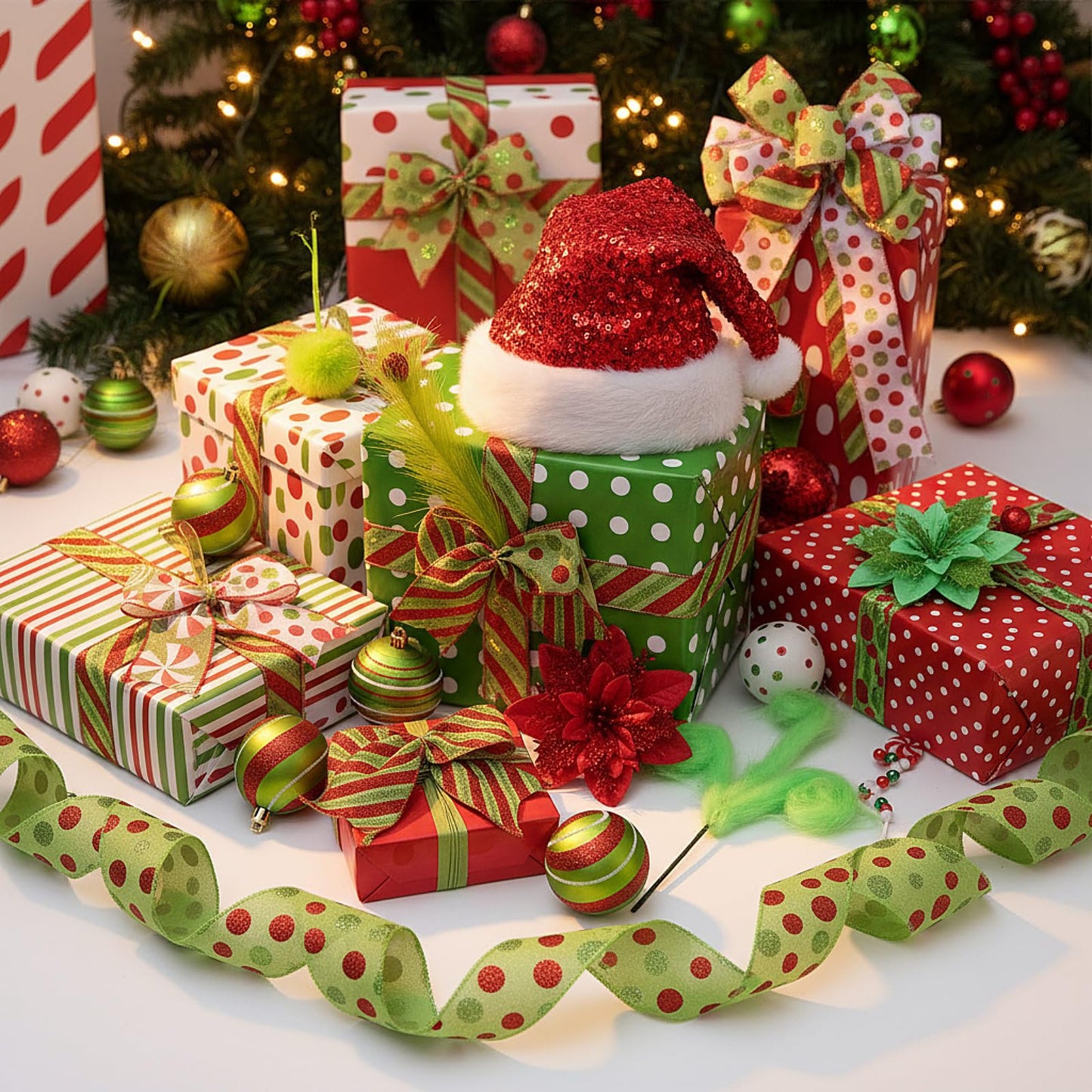 Halfchet 43 Pcs Christmas Tree Hanging Decorations Xmas Tree Ornaments Holiday Mini Pendants Ribbon Candy Red White and Green Hanging Ornaments for Party Decoration