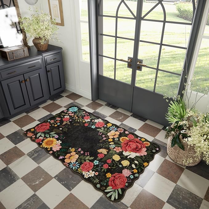 Washable Entryway Small Area Rugs: Door Mat Indoor Entrance 3x5 Floral Rug Ultra Thin Stain Resistant Non Slip Low Pile Lightweight Carpet for Kitchen, Front Door, Kids Room Decor (Black)