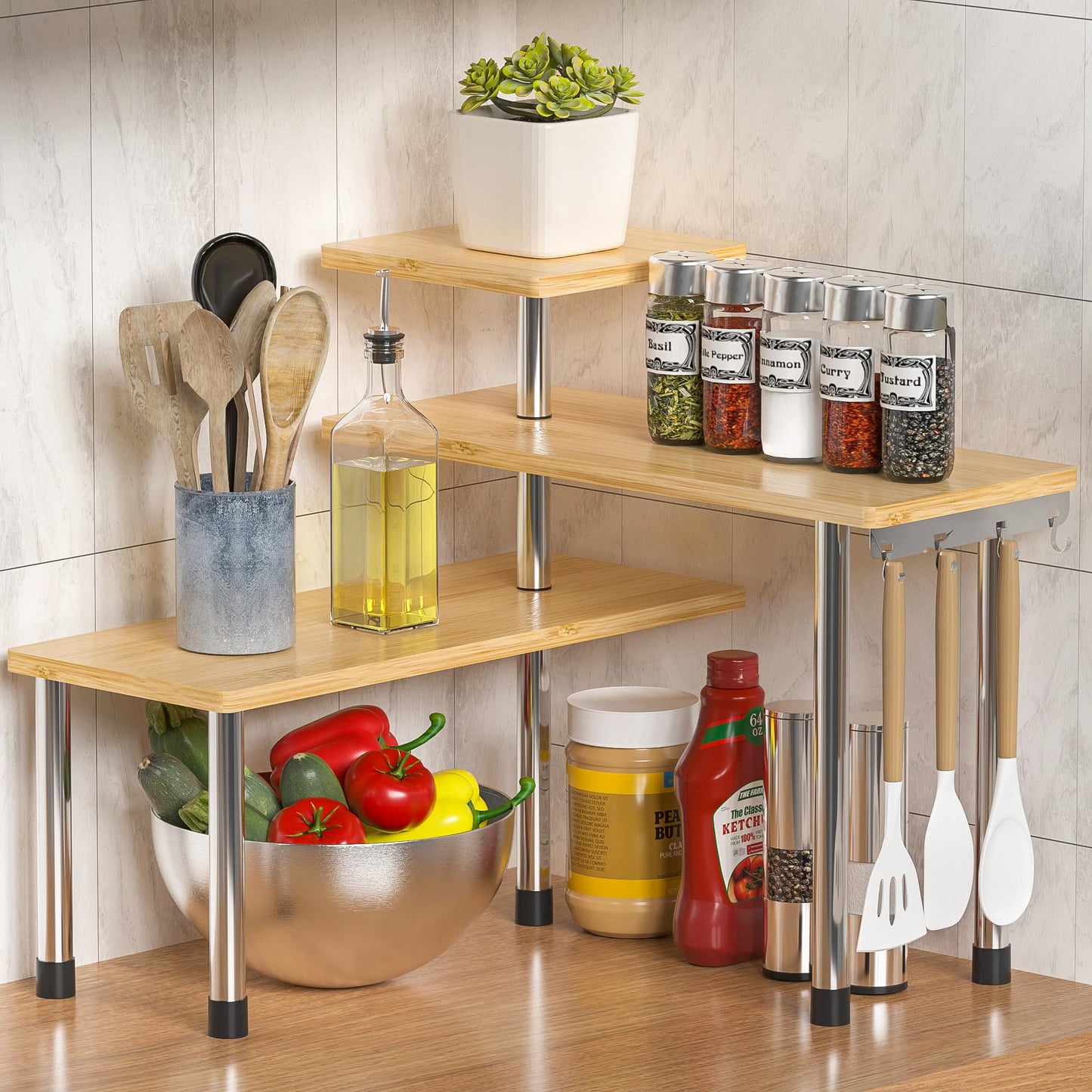 ZHWS Kitchen Countertop Organizer Spice Rack for Salt, Bathroom Counter Organizer Over Sink for Makeup, Skincare, Adjustable 3-Tier Corner Counter Shelf with 4 Hooks for Coffee Bar Dresser Table