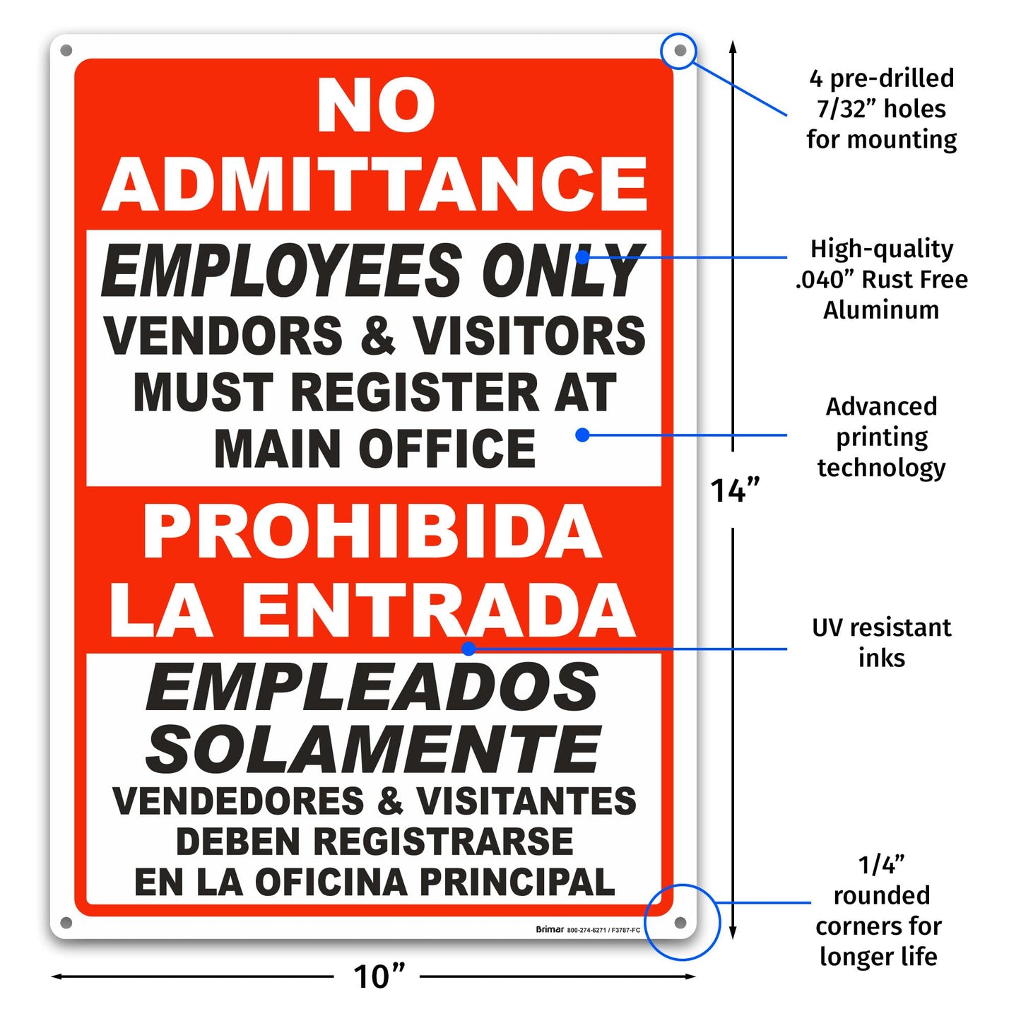 Brimar - 10" x 14" - Bilingual Vendors & Visitors Must Register Sign - .040″ Rust-Free Aluminum - High Visibility - Easy Installation