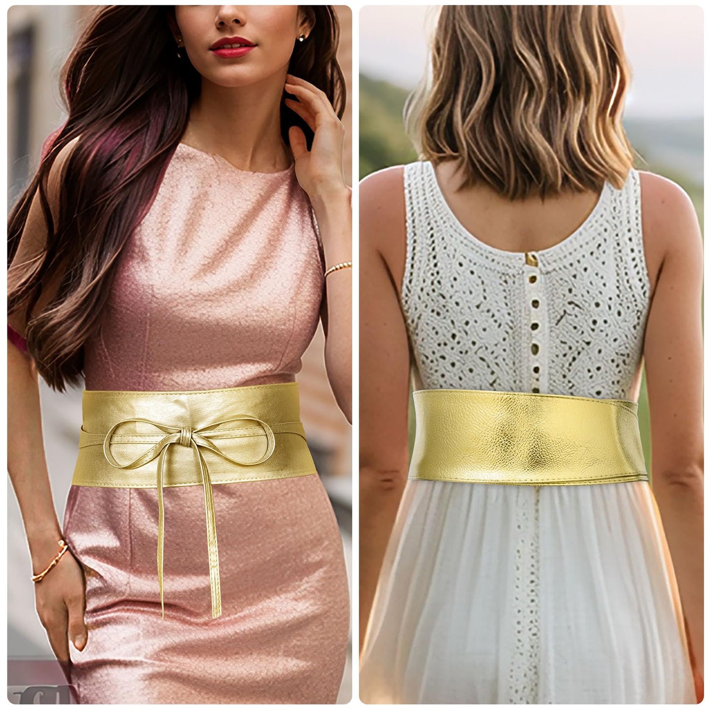 JAZTAKU Womens Soft Faux Leather Belt Gold Waist Belt Self Tie Wrap Around Obi Waist Band Cinch Belt