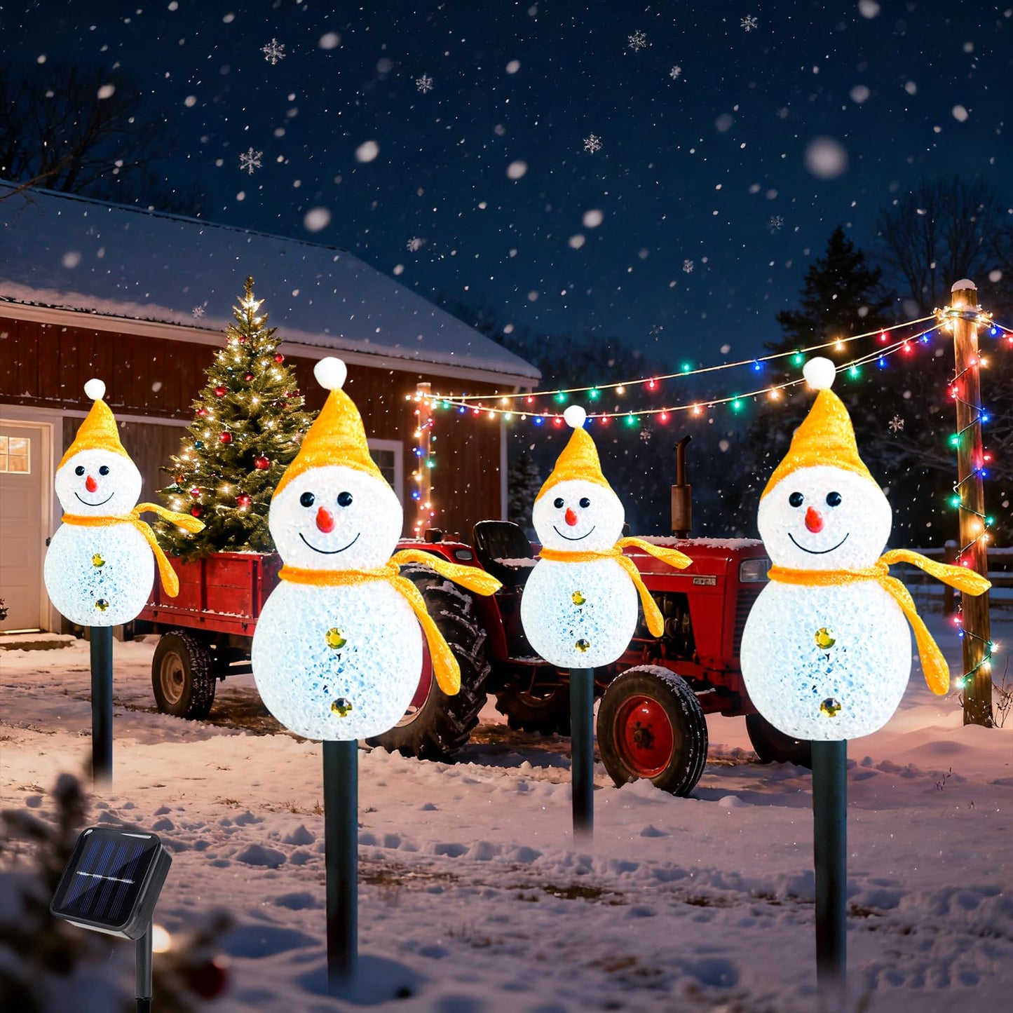 Taoushuleng Led Christmas Yellow Snowman Pathway Lights, Solar Powered Light with 4 Stakes 8 Lighting Modes for Yard Garden Decor (Yellow Snowman)