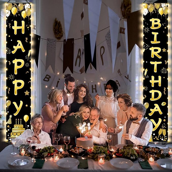 Black Gold Happy Birthday Door Banner Lighted Decorations for Men Women Happy Birthday Banner Porch Sign with LED light Party Supplies 16th 18th 30th 40th 50th 60th Party Decoration