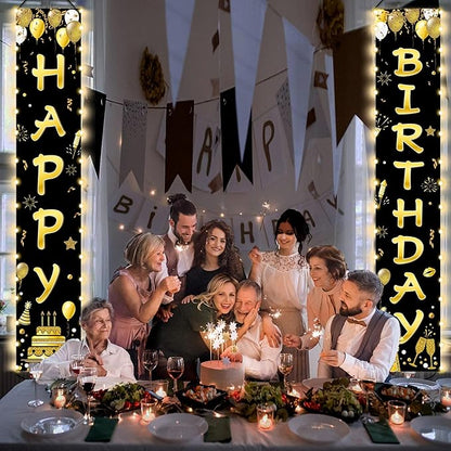 Black Gold Happy Birthday Door Banner Lighted Decorations for Men Women Happy Birthday Banner Porch Sign with LED light Party Supplies 16th 18th 30th 40th 50th 60th Party Decoration