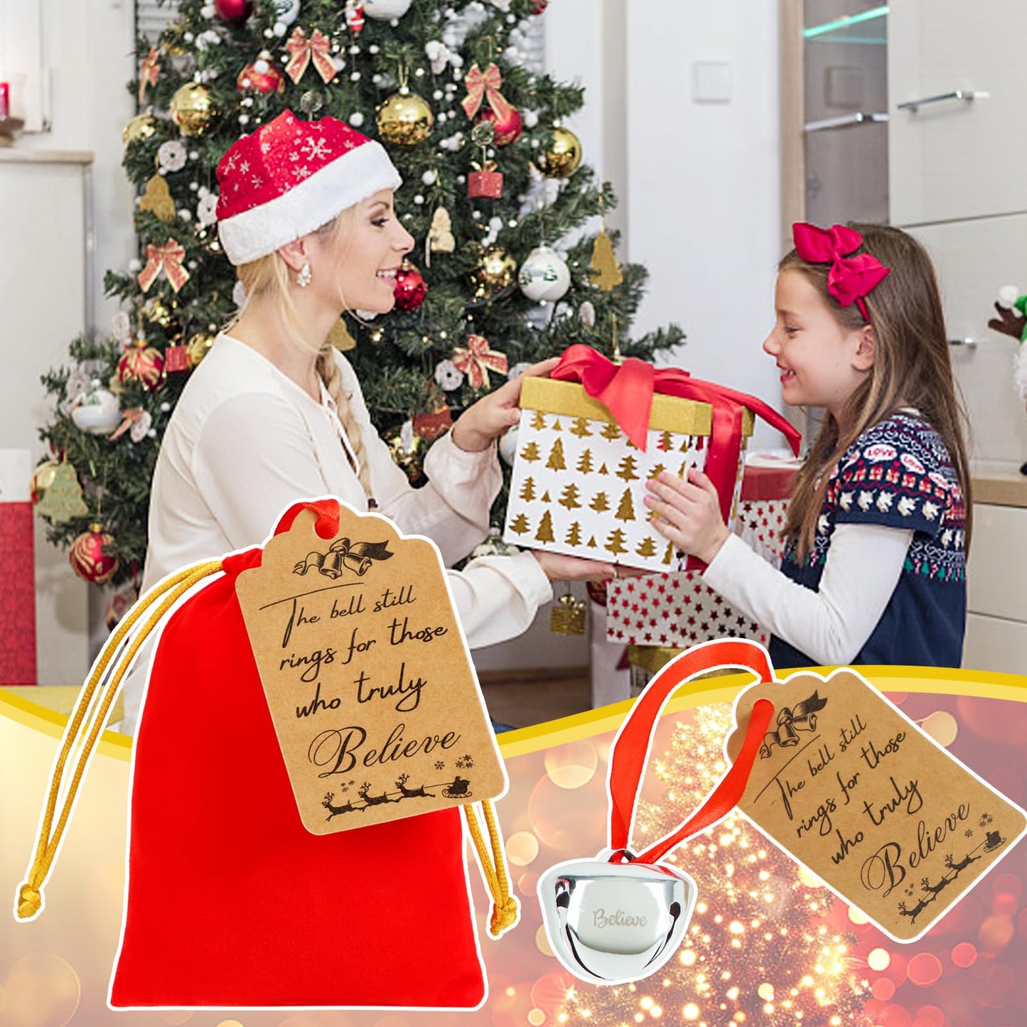 Bylion 12 Sets Christmas Polar Santa Sleigh Bell Set with Reindeer Bell, Red Velvet Bag with Golden Drawstring for Tree Home Decor Keepsake Gifts